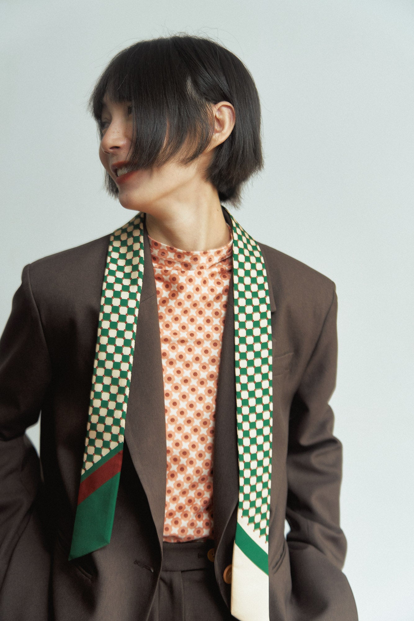 "Checkerboard" Twilly Scarf - Green - LOST PATTERN Silk Skinny Scarf