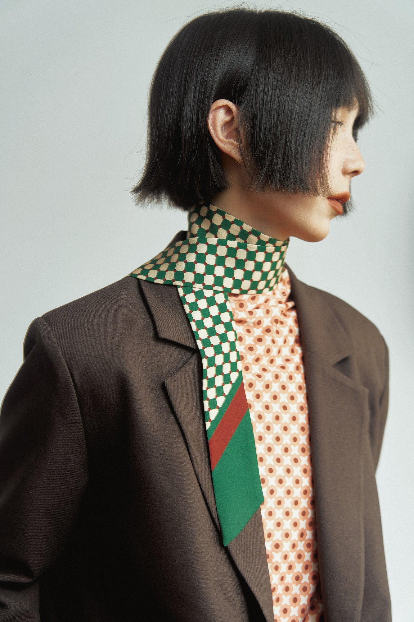 "Checkerboard" Twilly Scarf - Green - LOST PATTERN Silk Skinny Scarf