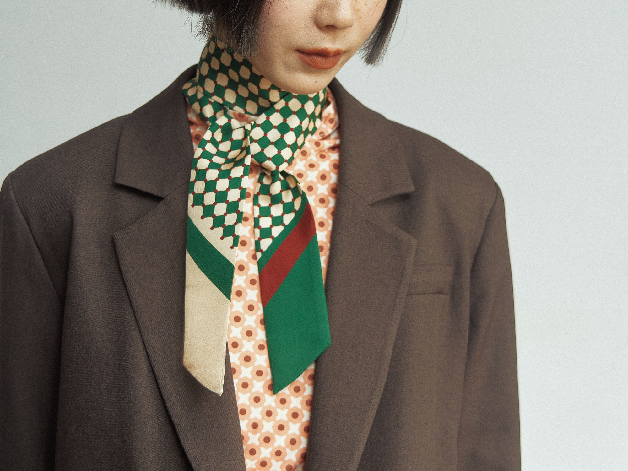 "Checkerboard" Twilly Scarf - Green - LOST PATTERN Silk Skinny Scarf