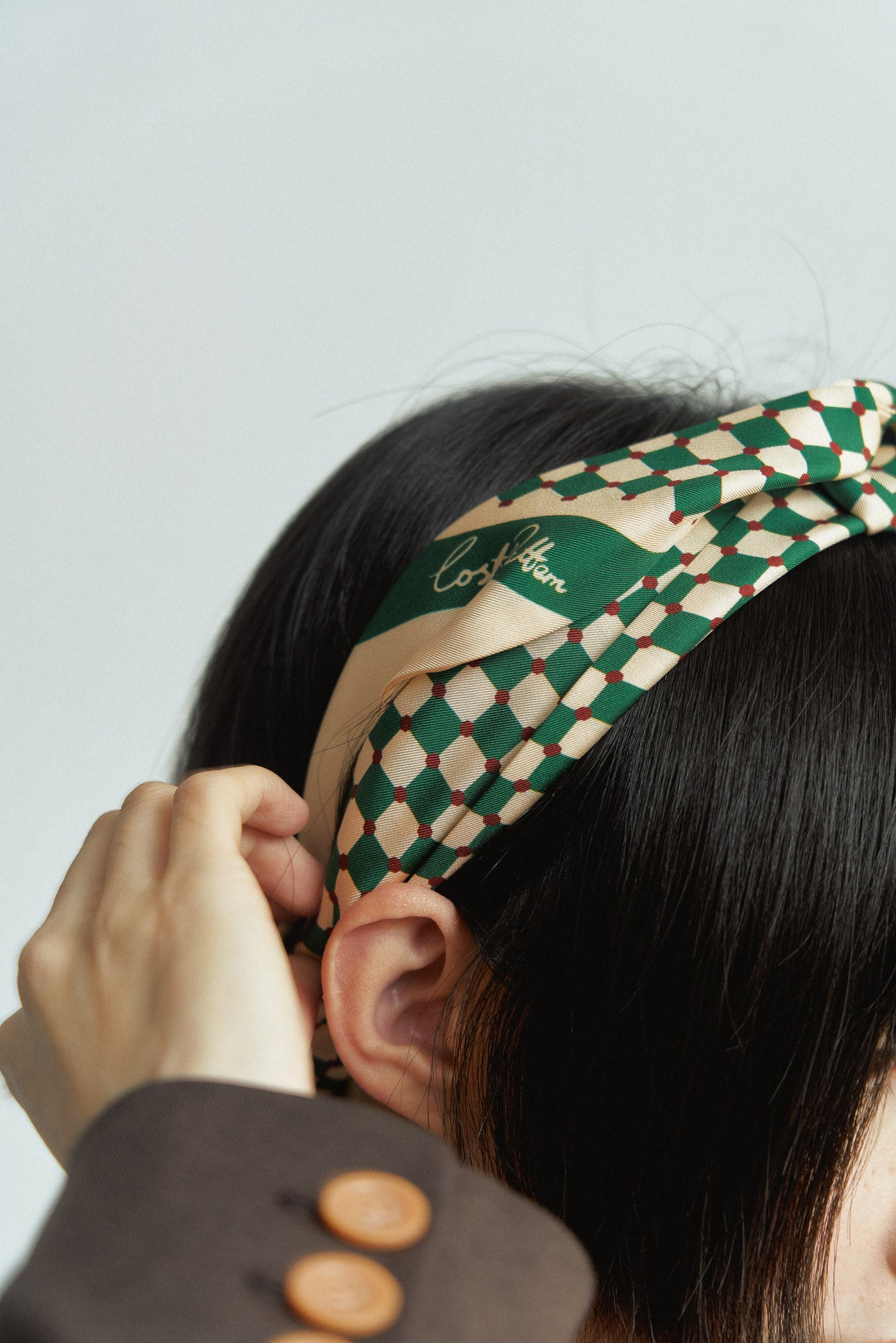 "Checkerboard" Twilly Scarf - Green - LOST PATTERN Silk Skinny Scarf