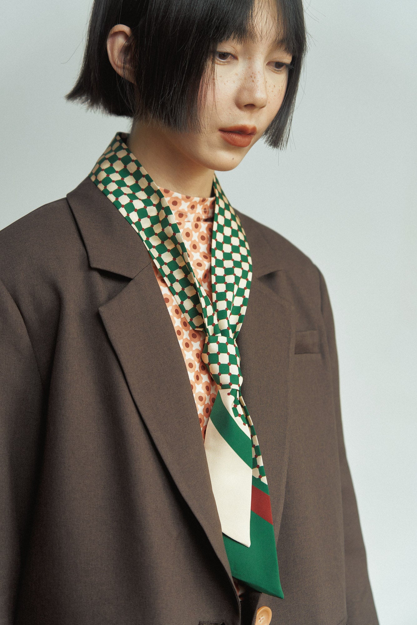 "Checkerboard" Twilly Scarf - Green - LOST PATTERN Silk Skinny Scarf