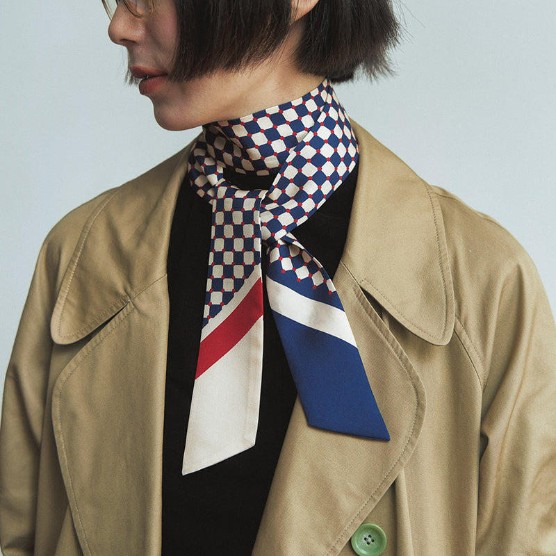 "Checkerboard" Twilly Scarf - Blue - LOST PATTERN Silk Skinny Scarf