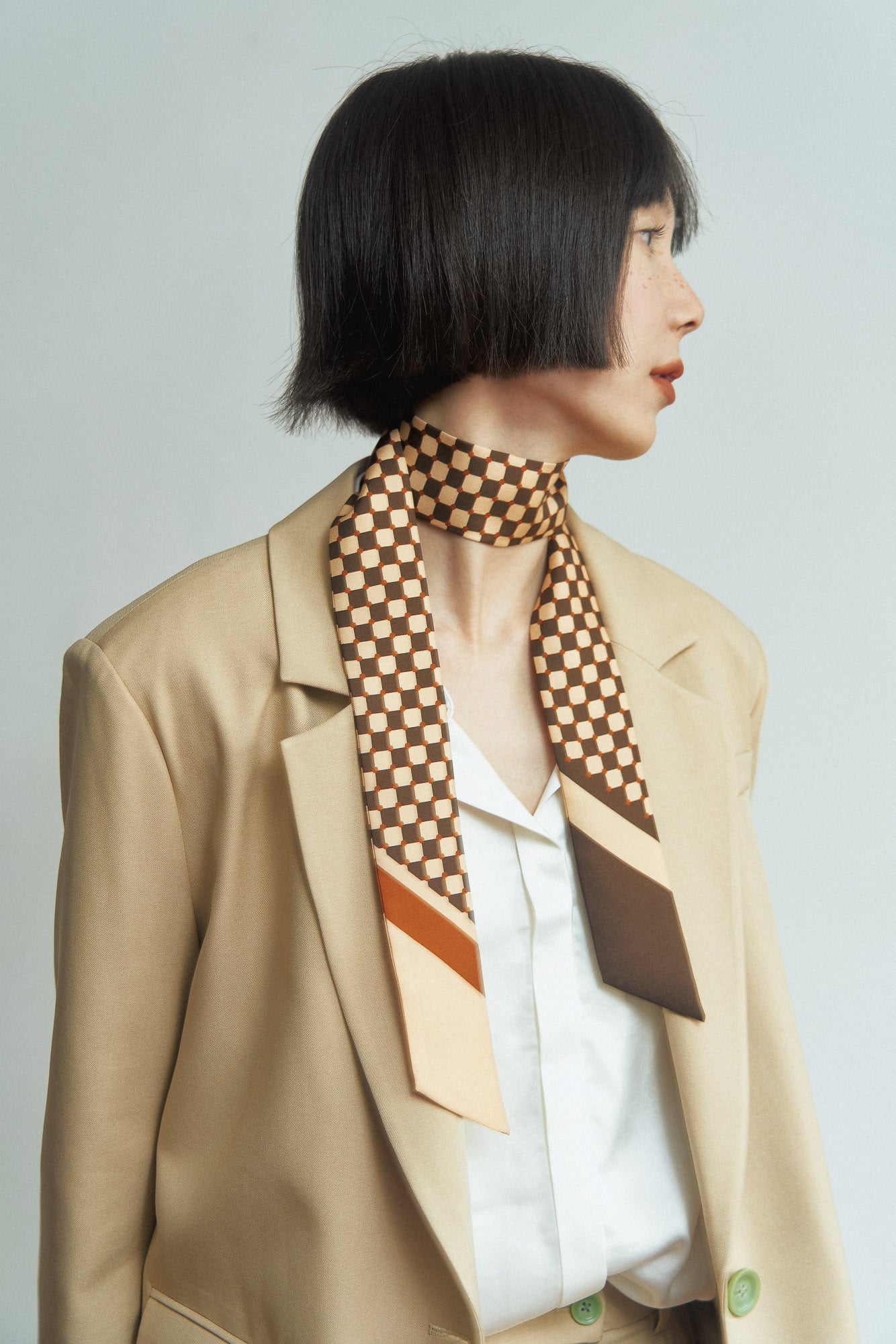 "Checkerboard" Twilly Scarf - Coffee - LOST PATTERN Silk Skinny Scarf