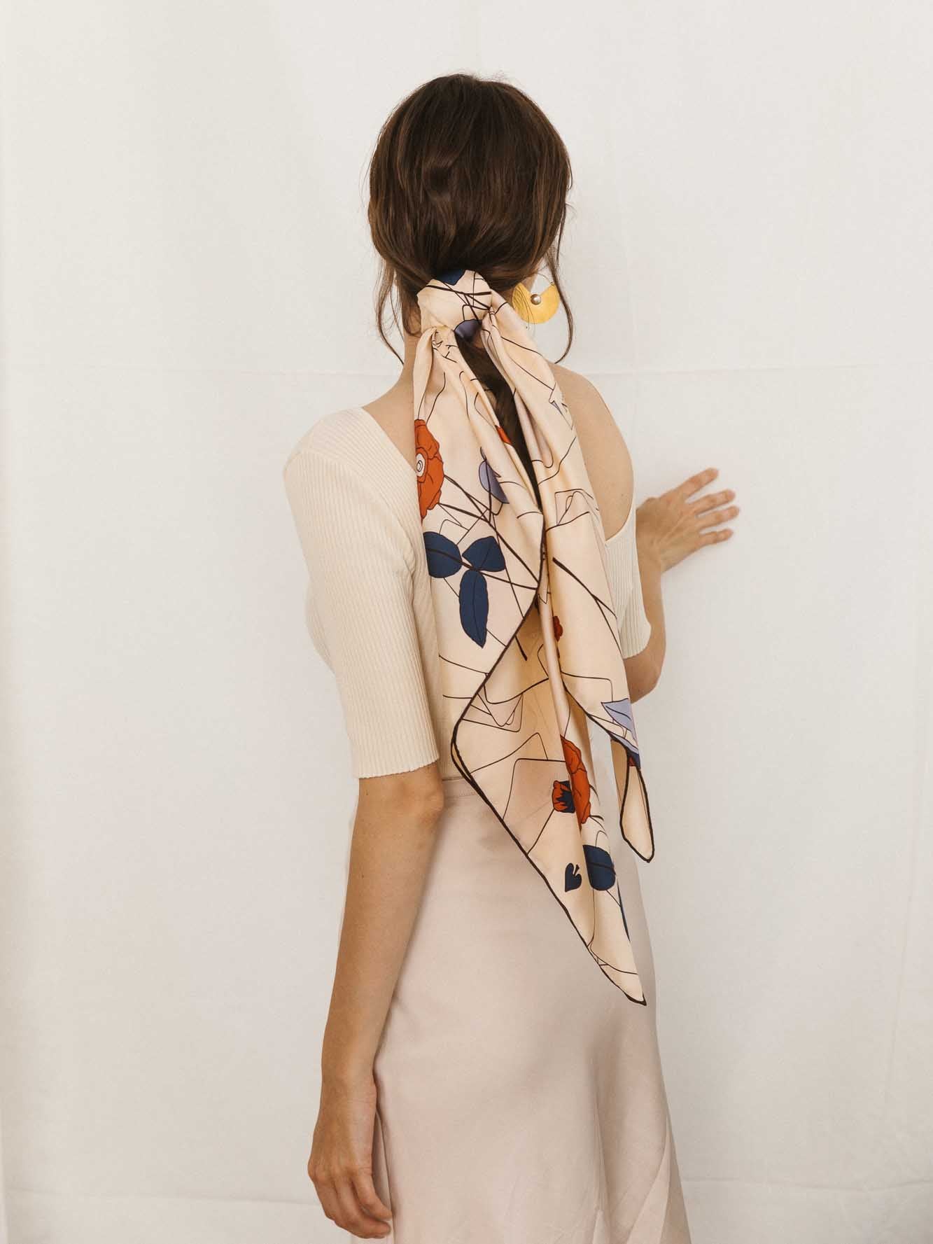 "Camellia" Large Silk Square Scarf - Khaki - LOST PATTERN Silk Square Scarf