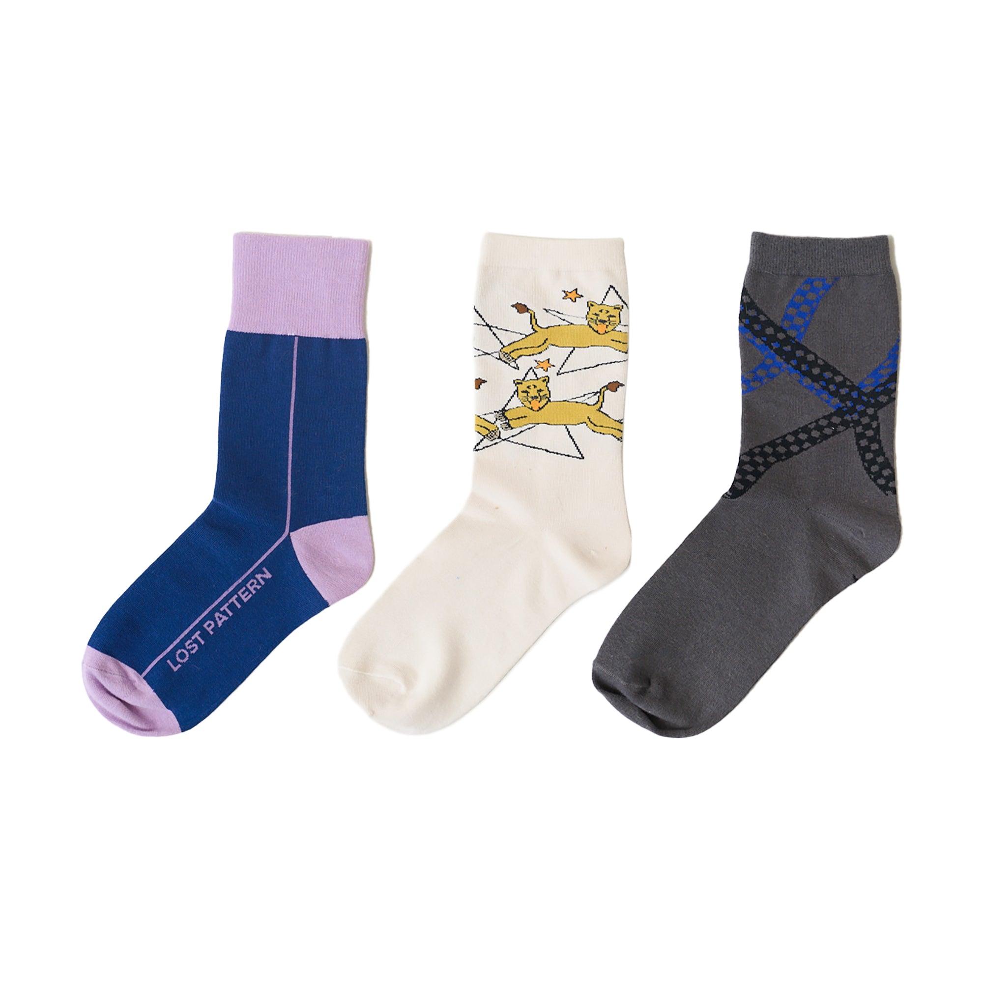 Shantall Lacayo x Lost Pattern Cotton Socks - Set of 3 - Electric blue & off white & dark grey - LOST PATTERN Socks